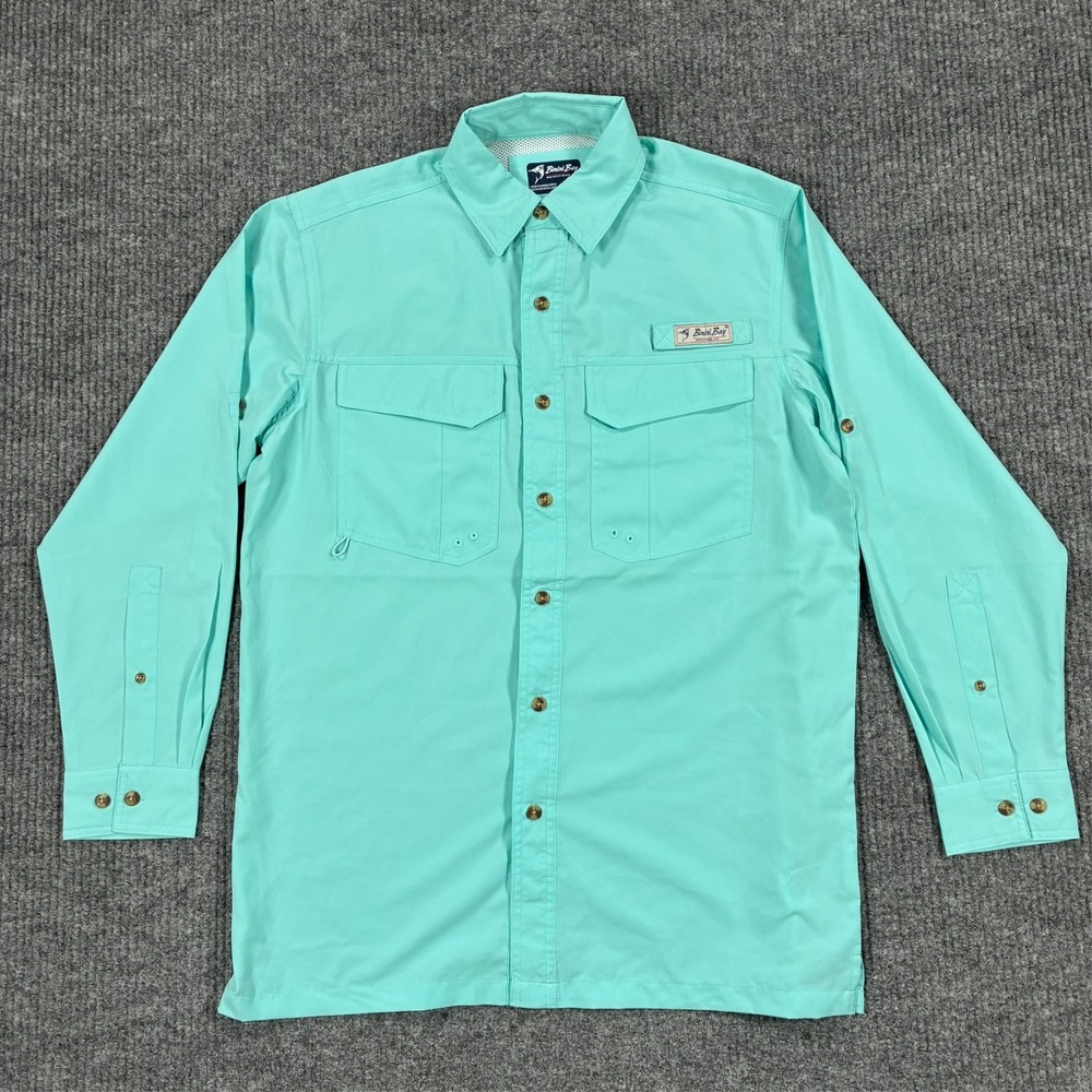 Bimini Bay Outfitters Mens Small Aqua Long Sleeve Fishing Shirt Roll Tab Pockets